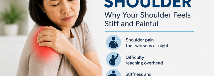 Woman experiencing frozen shoulder pain and stiffness